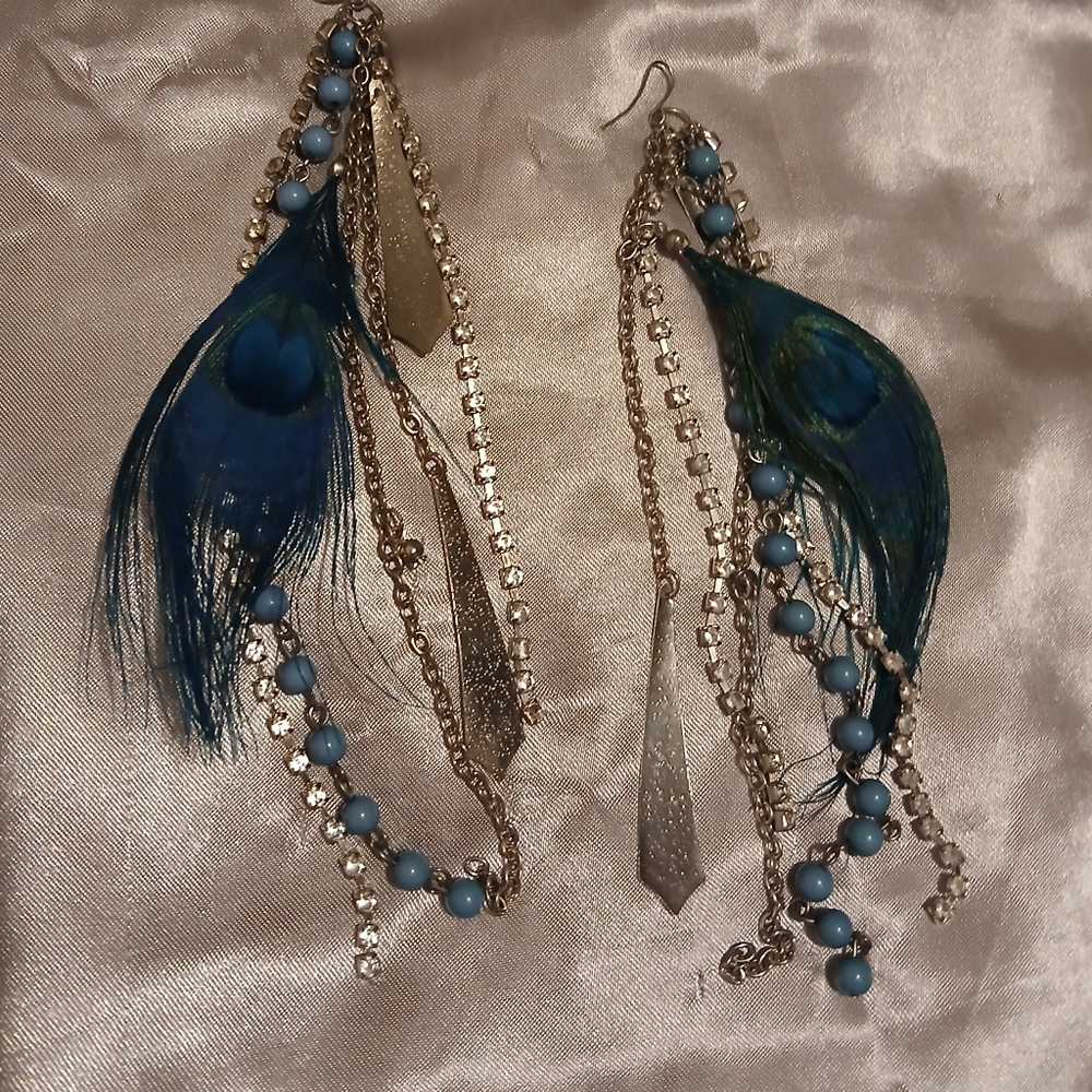 Blue Beaded Feather Earrings View 2